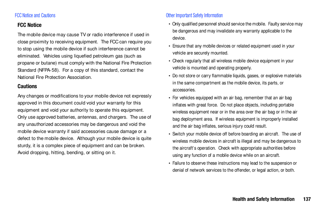 Samsung i987, SGH-I987ZKAATT user manual FCC Notice and Cautions, Other Important Safety Information, 137 