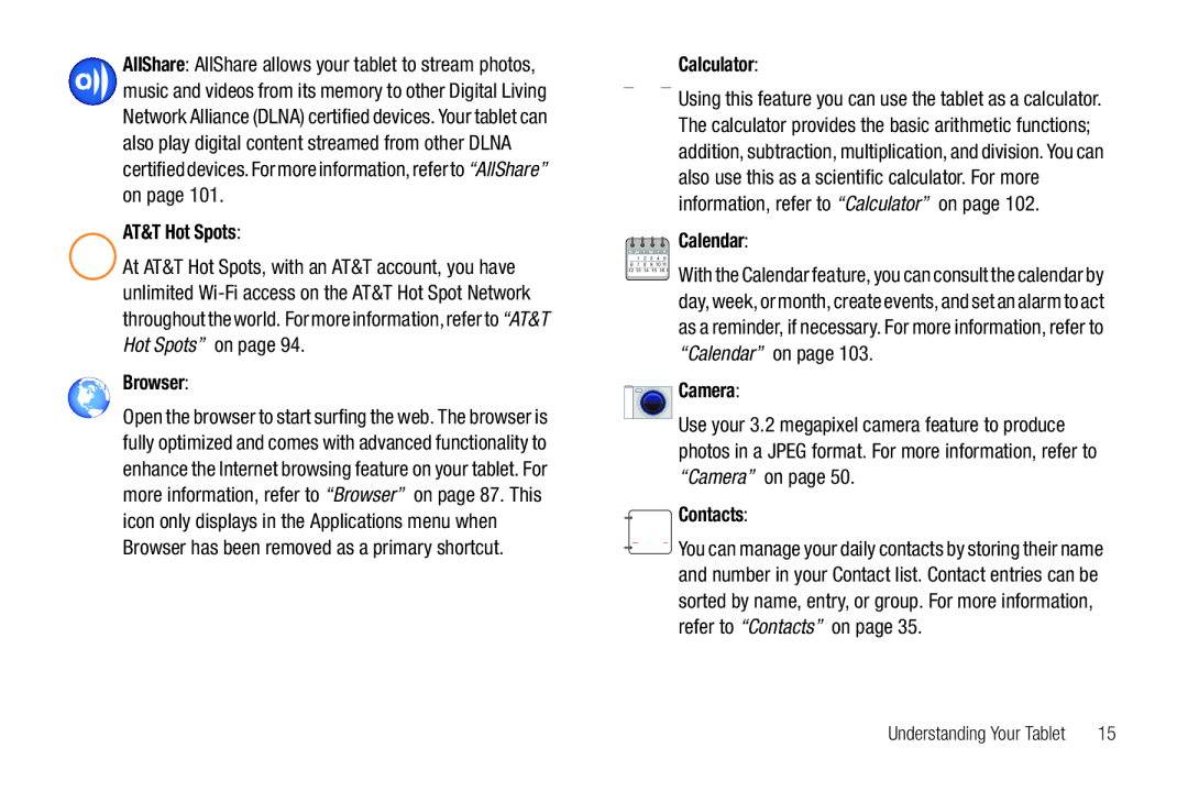 Samsung i987, SGH-I987ZKAATT user manual AT&T Hot Spots, Browser, Calculator, Calendar, Camera, Contacts 