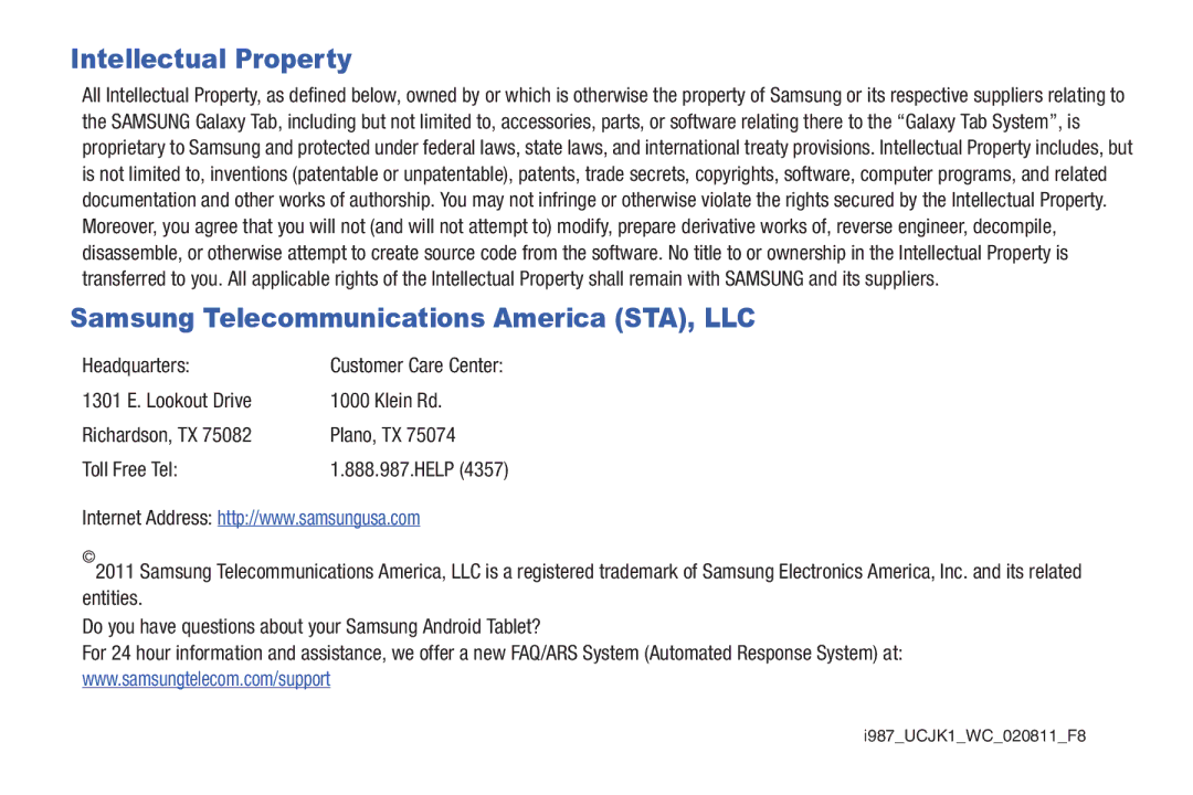 Samsung SGH-I987ZKAATT, i987 user manual Intellectual Property, Headquarters 