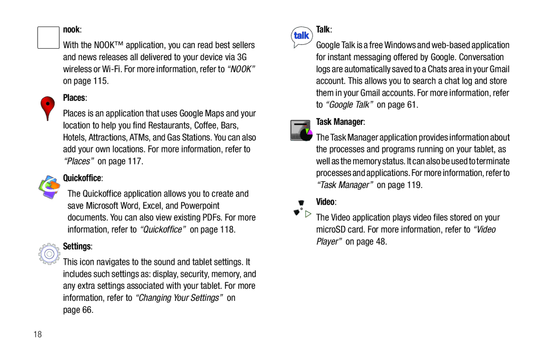 Samsung SGH-I987ZKAATT, i987 user manual Nook, Places, Quickoffice Settings, Talk, Task Manager, Video 