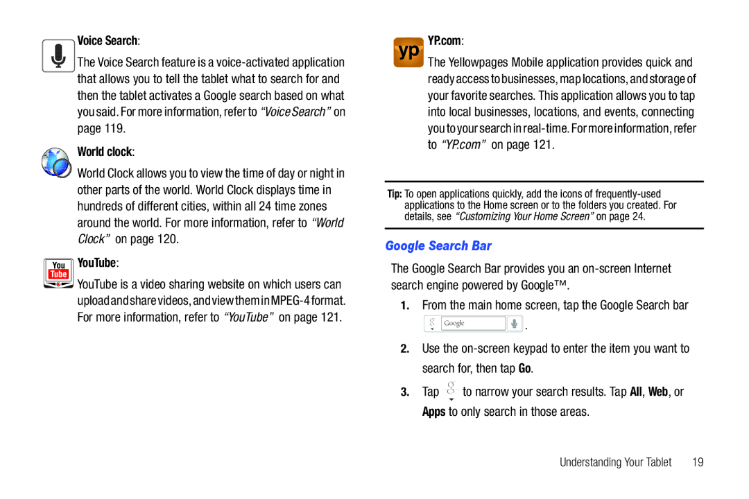 Samsung i987, SGH-I987ZKAATT user manual Voice Search, World clock, YouTube, YP.com, Google Search Bar 