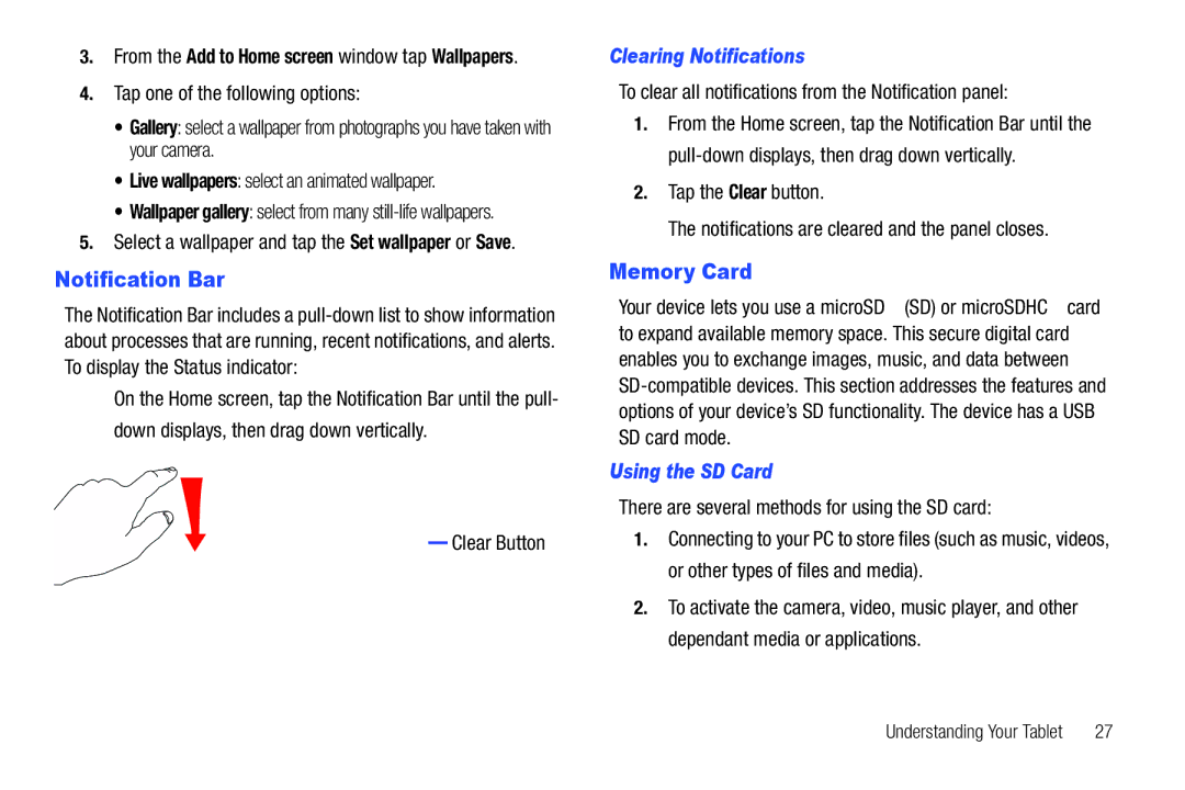 Samsung i987, SGH-I987ZKAATT user manual Notification Bar, Memory Card, Clearing Notifications, Using the SD Card 