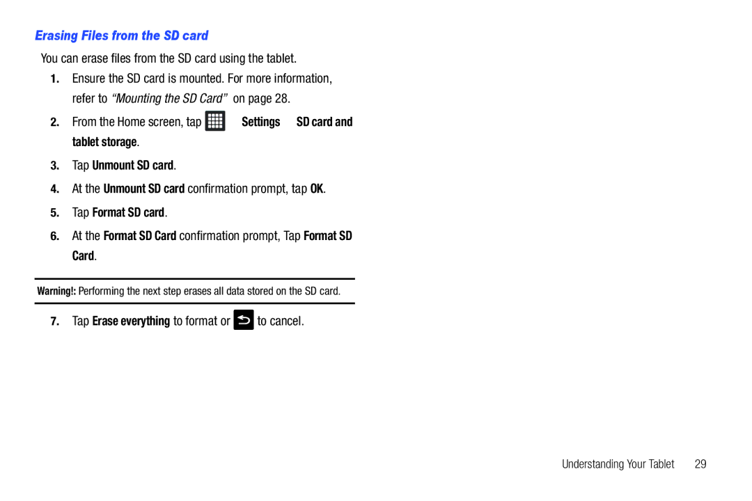 Samsung i987, SGH-I987ZKAATT Erasing Files from the SD card, You can erase files from the SD card using the tablet 