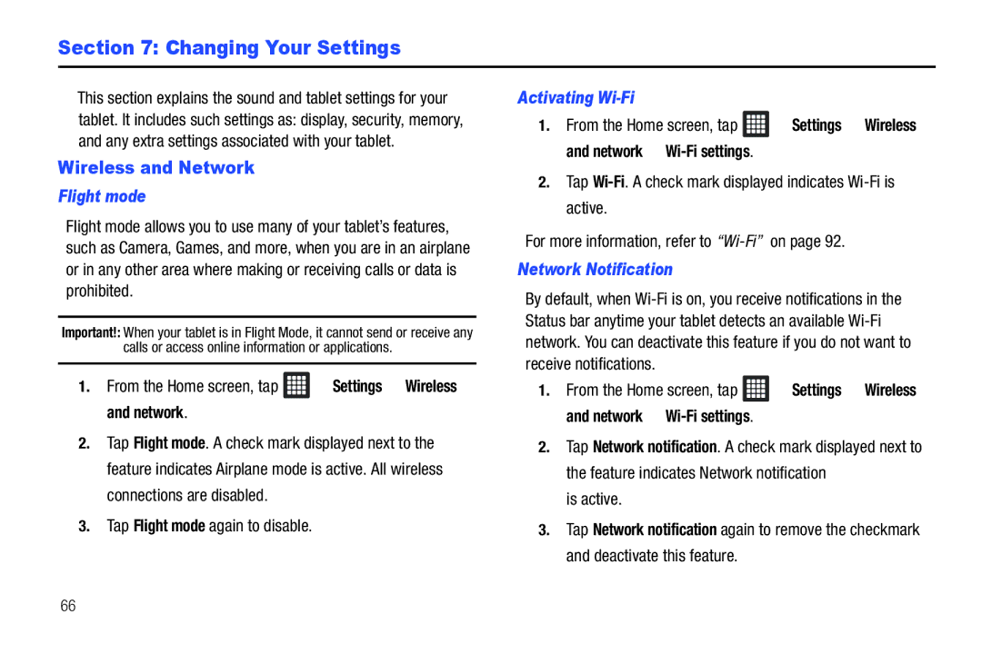 Samsung SGH-I987ZKAATT Changing Your Settings, Wireless and Network, Flight mode, Activating Wi-Fi, Network Notification 