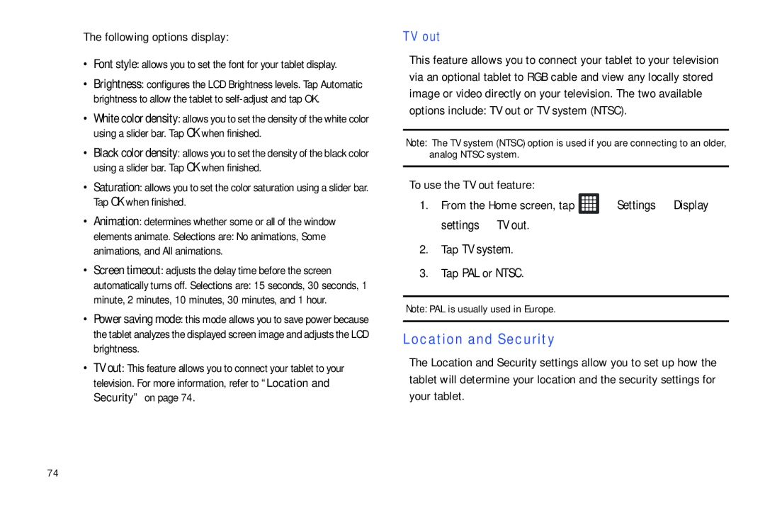 Samsung SGH-I987ZKAATT, i987 user manual Location and Security, To use the TV out feature, Tap PAL or Ntsc 