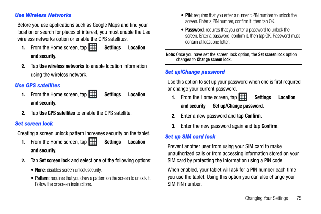 Samsung i987 Use Wireless Networks, Use GPS satellites, Set screen lock, Set up/Change password, Set up SIM card lock 