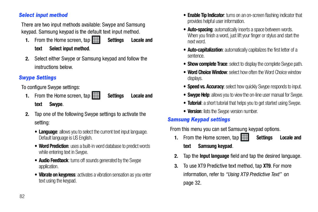 Samsung SGH-I987ZKAATT, i987 user manual Select input method, From the Home screen, tap Settings Locale and text Swype 