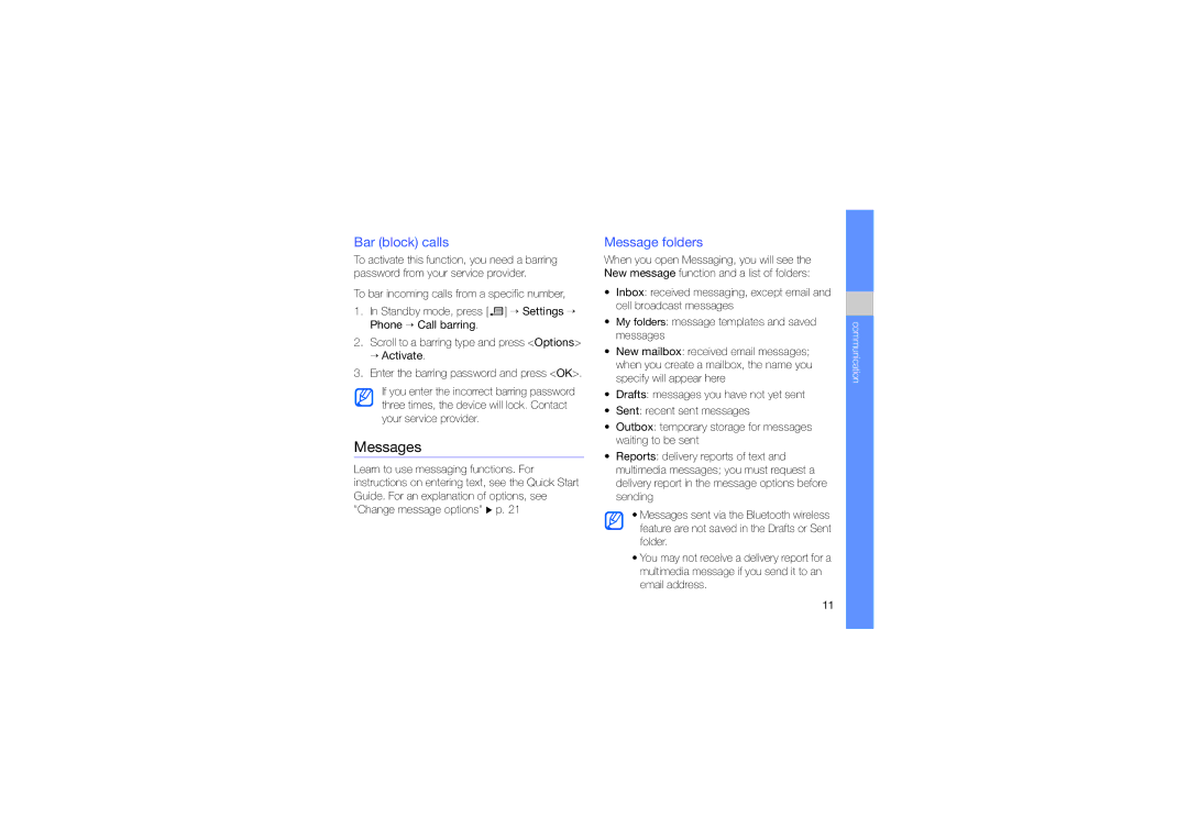 Samsung SGH-L870TSAABS, SGH-L870TSAARB, SGH-L870TSAMRT, SGH-L870TSAXSG manual Messages, Bar block calls, Message folders 