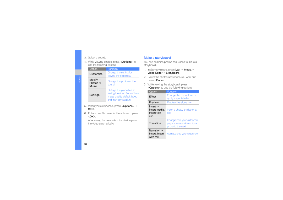 Samsung SGH-L870TSAMED, SGH-L870TSAARB, SGH-L870TSAABS, SGH-L870TSAMRT, SGH-L870TSAXSG manual Make a storyboard 