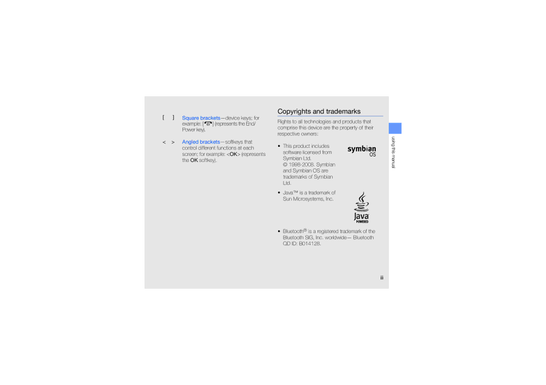 Samsung SGH-L870TSAMED, SGH-L870TSAARB manual Copyrights and trademarks, Square brackets-device keys for, Example, Iii 