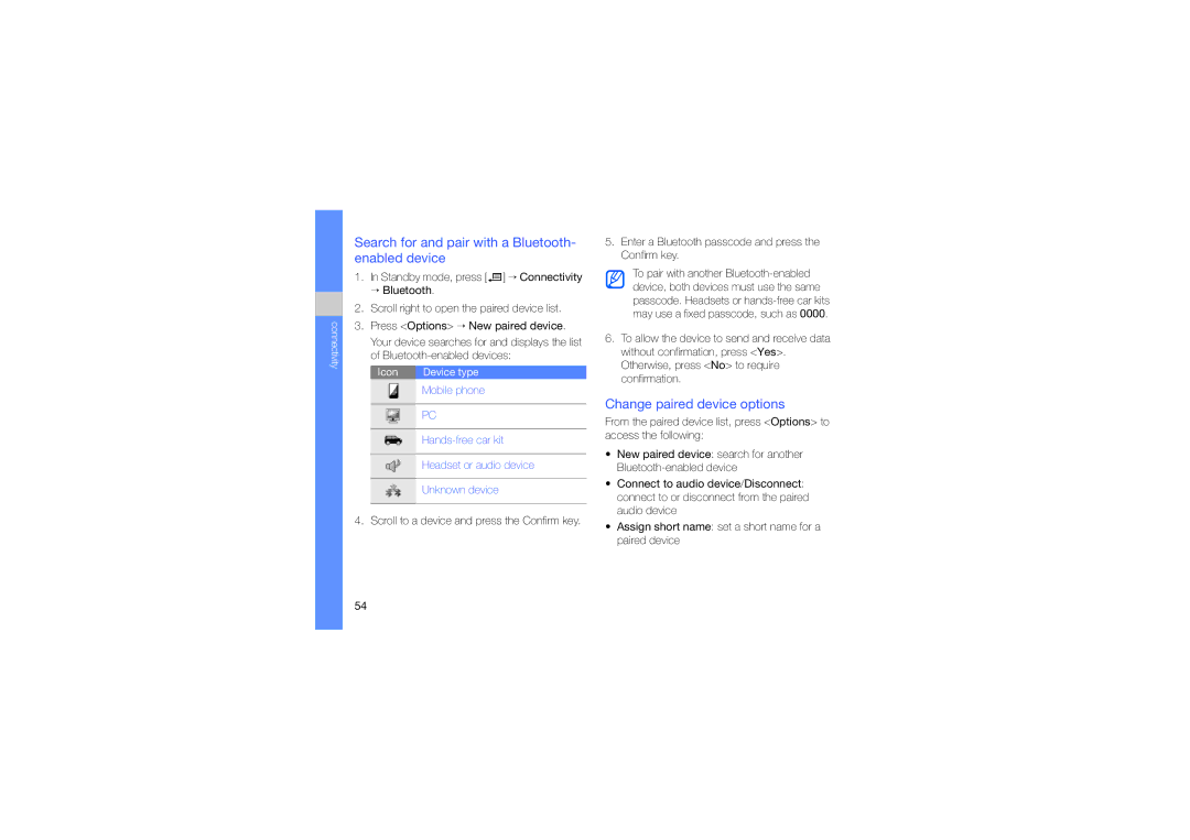 Samsung SGH-L870TSAMED, SGH-L870TSAARB Search for and pair with a Bluetooth- enabled device, Change paired device options 