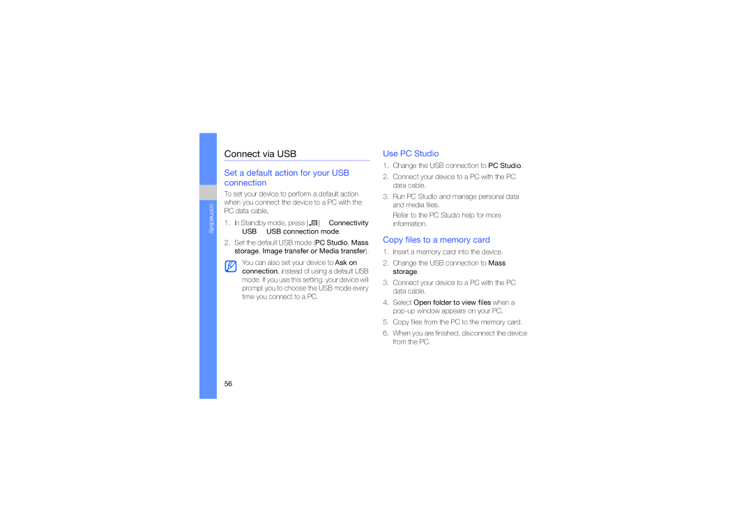 Samsung SGH-L870TSAABS manual Connect via USB, Set a default action for your USB connection, Copy files to a memory card 