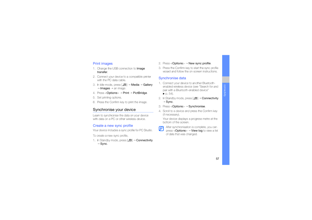Samsung SGH-L870TSAMRT, SGH-L870TSAARB Synchronise your device, Print images, Create a new sync profile, Synchronise data 