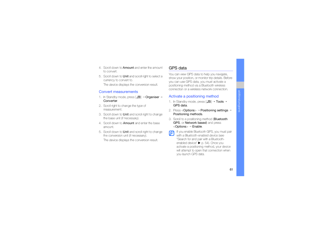 Samsung SGH-L870TSAABS, SGH-L870TSAARB, SGH-L870TSAMRT manual GPS data, Convert measurements, Activate a positioning method 