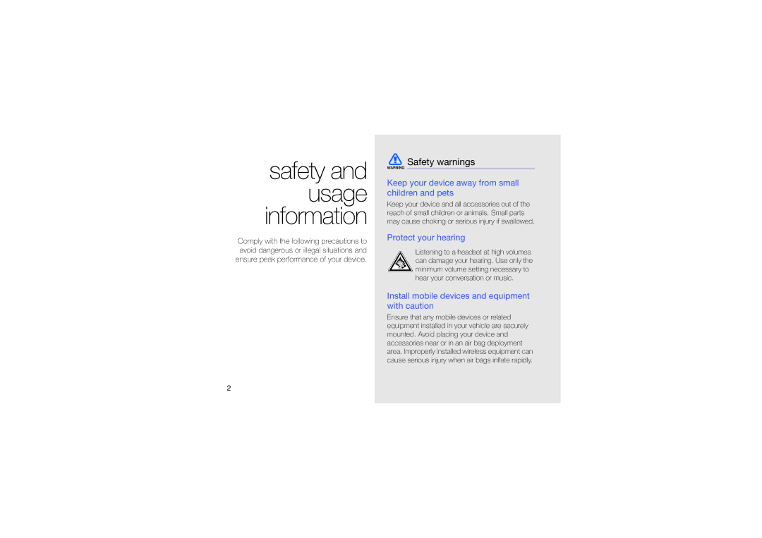 Samsung SGH-L870TSAMRT manual Safety warnings, Keep your device away from small children and pets, Protect your hearing 