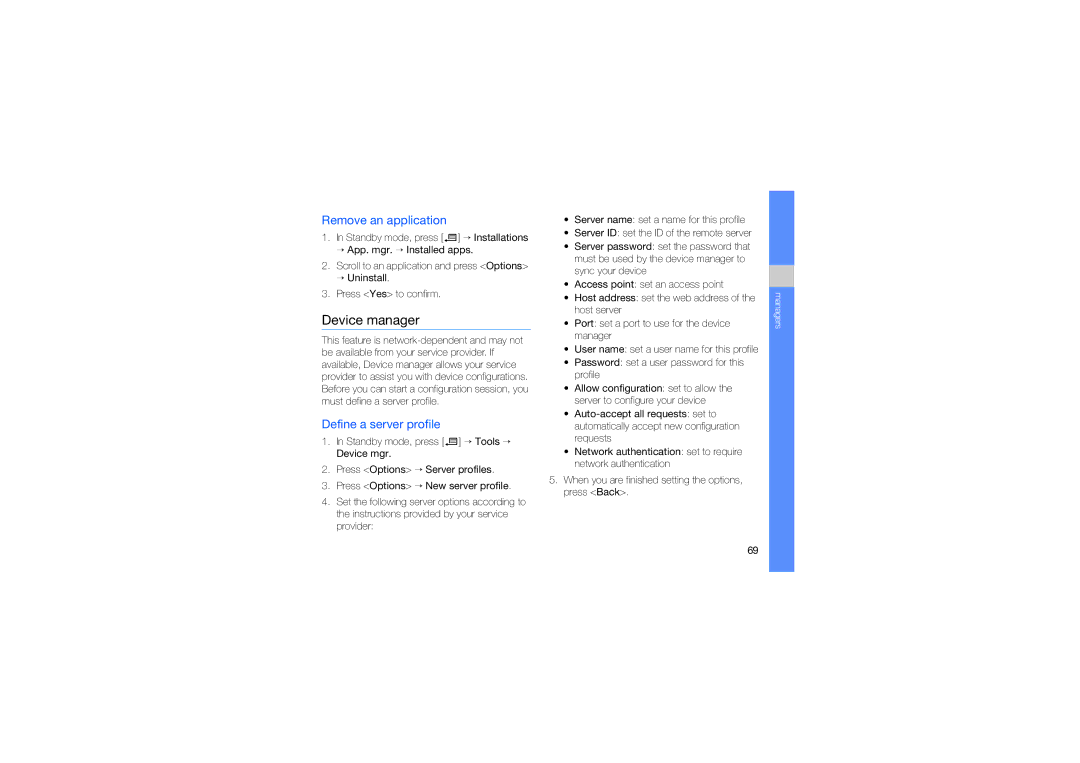 Samsung SGH-L870TSAMED, SGH-L870TSAARB, SGH-L870TSAABS manual Device manager, Remove an application, Define a server profile 