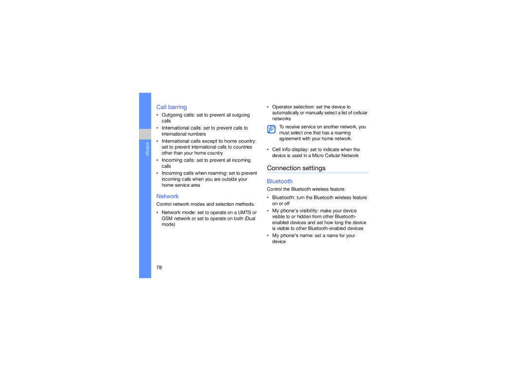 Samsung SGH-L870TSAXSG Connection settings, Call barring, Network, Bluetooth, My phone’s name set a name for your device 