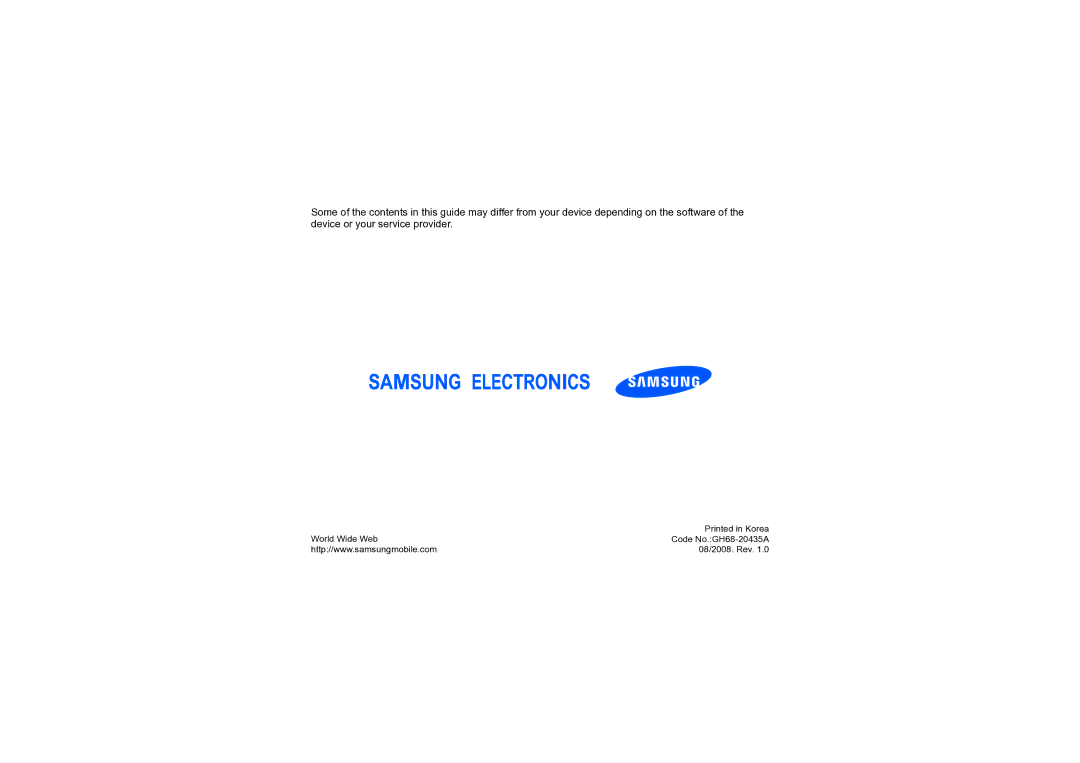 Samsung SGH-L870TSASEB manual World Wide Web Code No.GH68-20435A 08/2008. Rev 