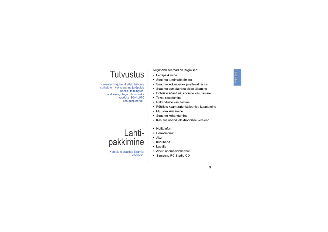 Samsung SGH-L870TSASEB manual Tutvustus, Lahti- pakkimine 