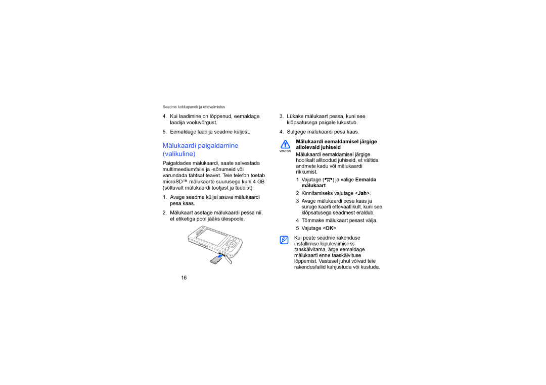 Samsung SGH-L870TSASEB manual Mälukaardi paigaldamine valikuline, Mälukaardi eemaldamisel järgige allolevaid juhiseid 