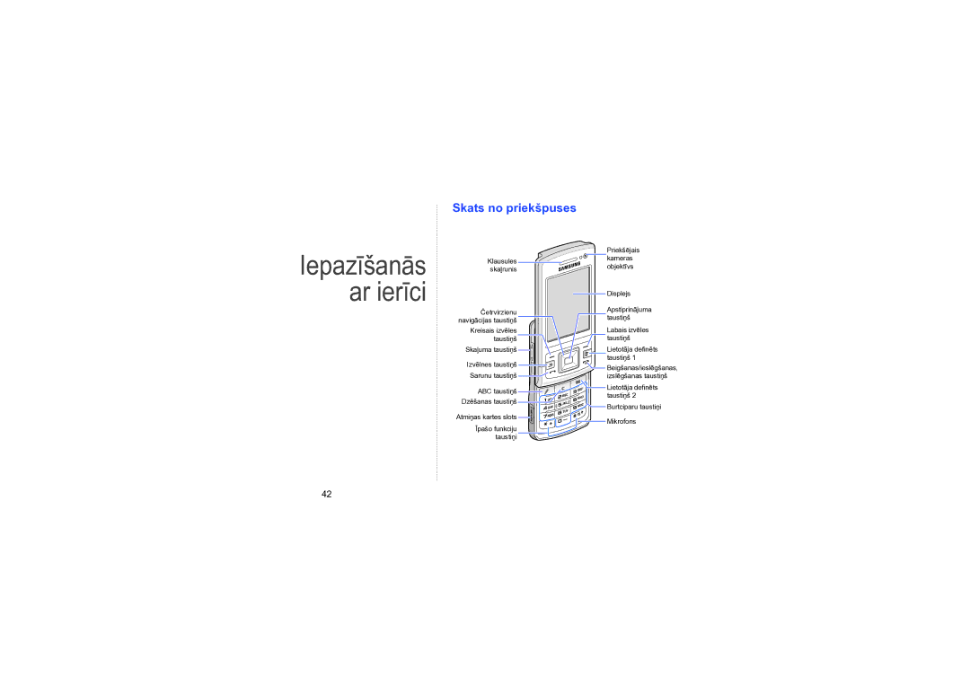 Samsung SGH-L870TSASEB manual Iepazīšanās ar ierīci, Skats no priekšpuses 