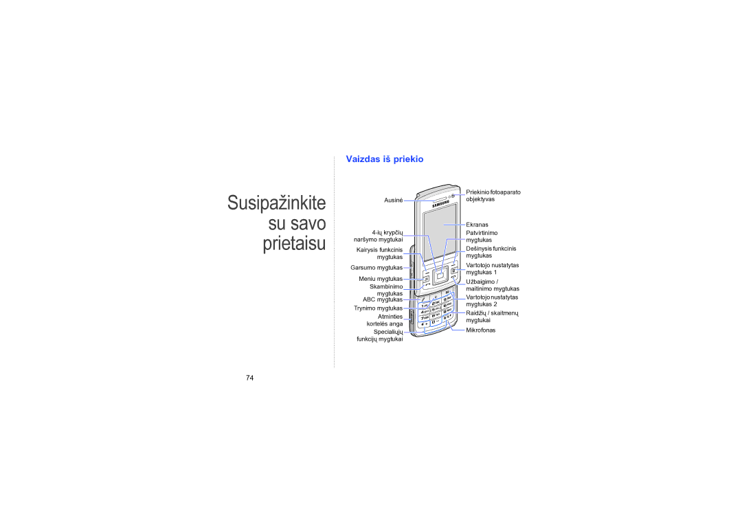 Samsung SGH-L870TSASEB manual Susipažinkite su savo prietaisu, Vaizdas iš priekio 