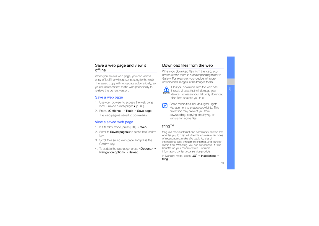 Samsung SGH-L870TSASWC manual Save a web page and view it offline, Download files from the web, Fring, View a saved web 