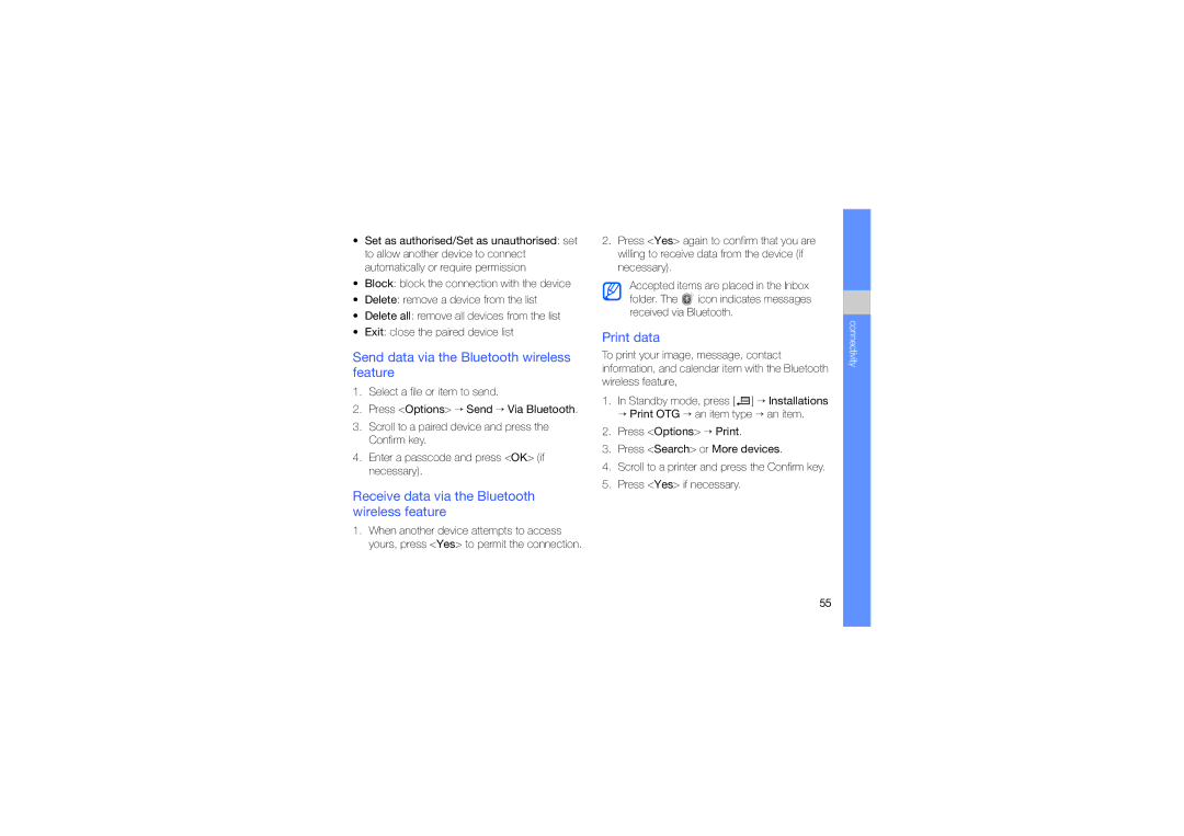 Samsung SGH-L870MKATIM manual Send data via the Bluetooth wireless feature, Receive data via the Bluetooth wireless feature 