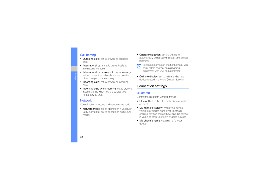Samsung SGH-L870TSASEB Connection settings, Call barring, Network, Bluetooth, My phone’s name set a name for your device 