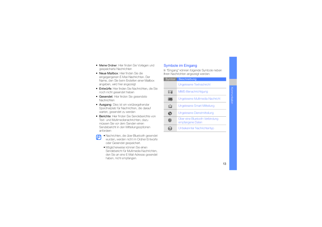 Samsung SGH-L870TSADBT, SGH-L870TSASWC, SGH-L870TSAMOT, SGH-L870TSADTM manual Symbole im Eingang, Symbol Beschreibung 