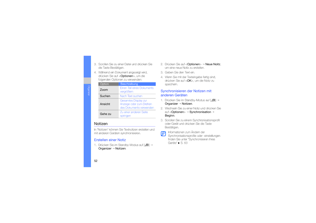 Samsung SGH-L870TSAMOT, SGH-L870TSASWC manual Synchronisieren der Notizen mit, Anderen Geräten, Erstellen einer Notiz 