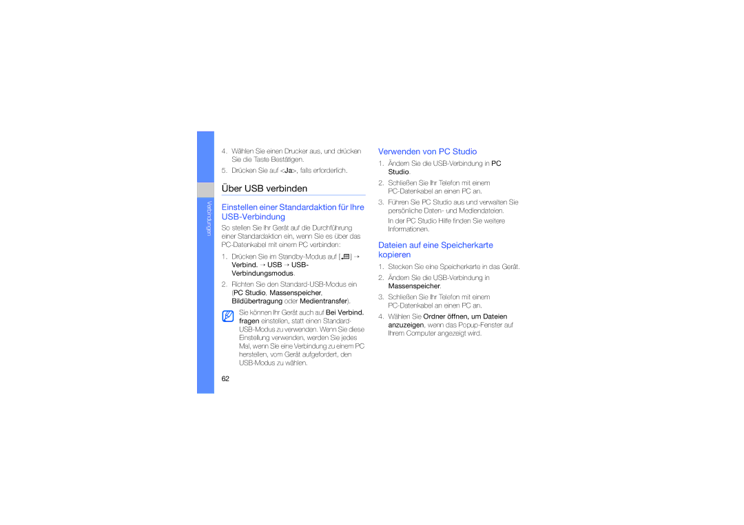 Samsung SGH-L870TSADTM, SGH-L870TSASWC manual Über USB verbinden, Einstellen einer Standardaktion für Ihre USB-Verbindung 