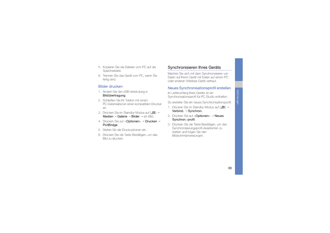 Samsung SGH-L870TSASWC manual Synchronisieren Ihres Geräts, Bilder drucken, Neues Synchronisationsprofil erstellen 