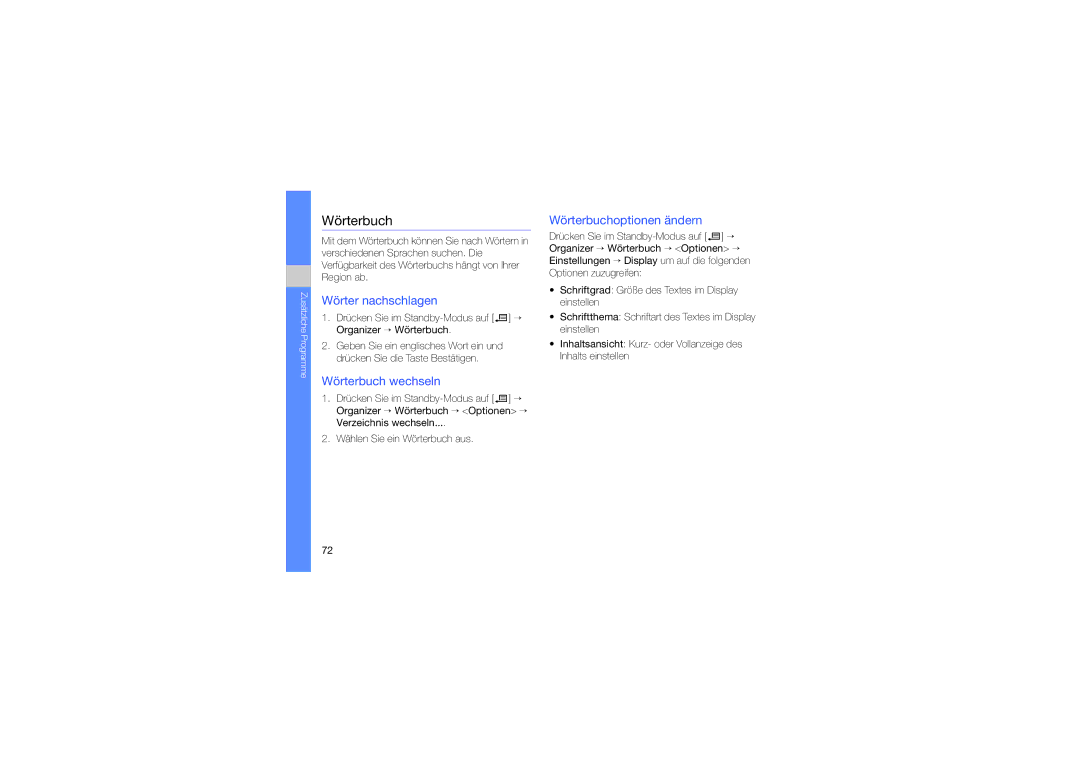 Samsung SGH-L870TSAMOT, SGH-L870TSASWC manual Wörter nachschlagen, Wörterbuch wechseln, Wörterbuchoptionen ändern 