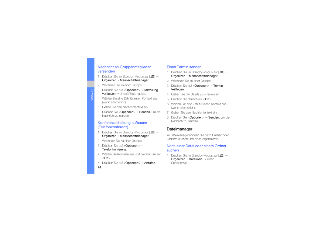 Samsung SGH-L870TSADTM, SGH-L870TSASWC manual Dateimanager, Nachricht an Gruppenmitglieder versenden, Einen Termin senden 