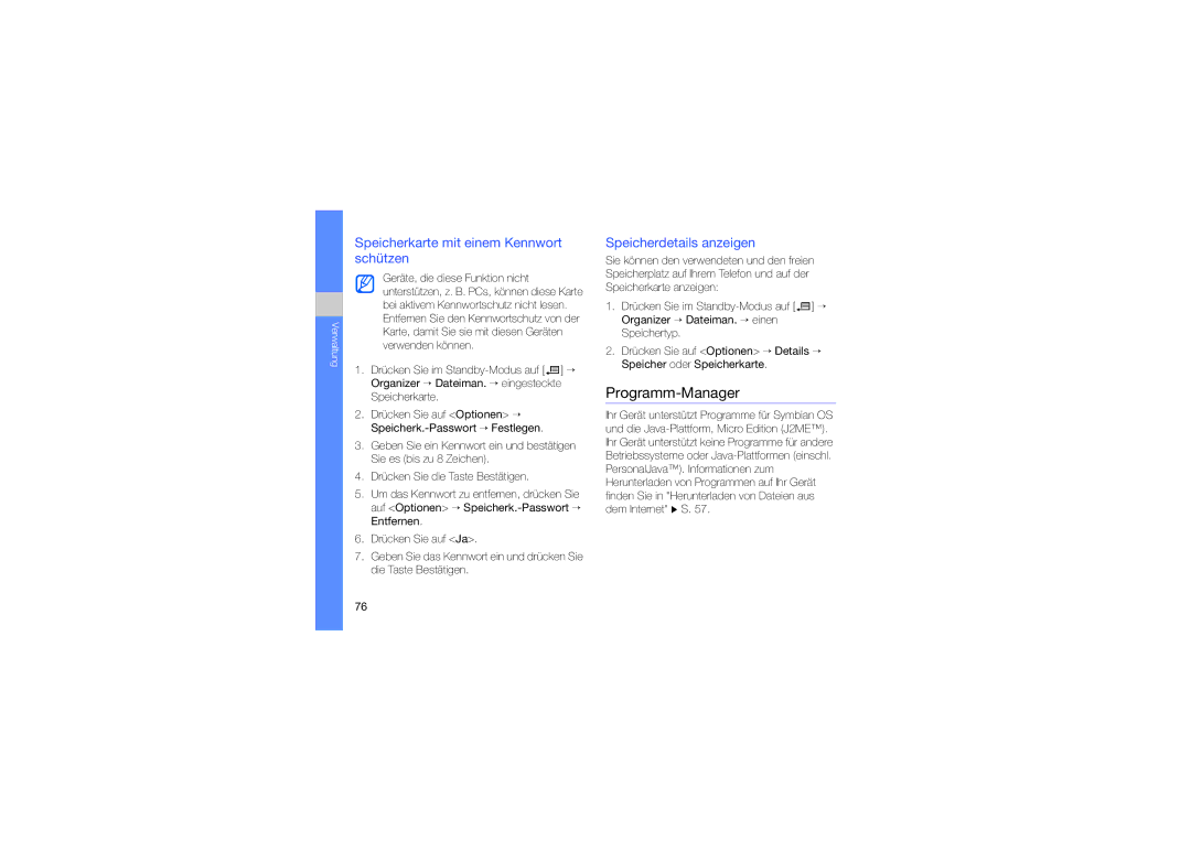 Samsung SGH-L870TSAMOT manual Programm-Manager, Speicherkarte mit einem Kennwort schützen, Speicherdetails anzeigen 