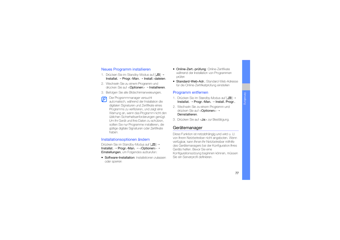 Samsung SGH-L870TSADBT manual Gerätemanager, Neues Programm installieren, Installationsoptionen ändern, Programm entfernen 
