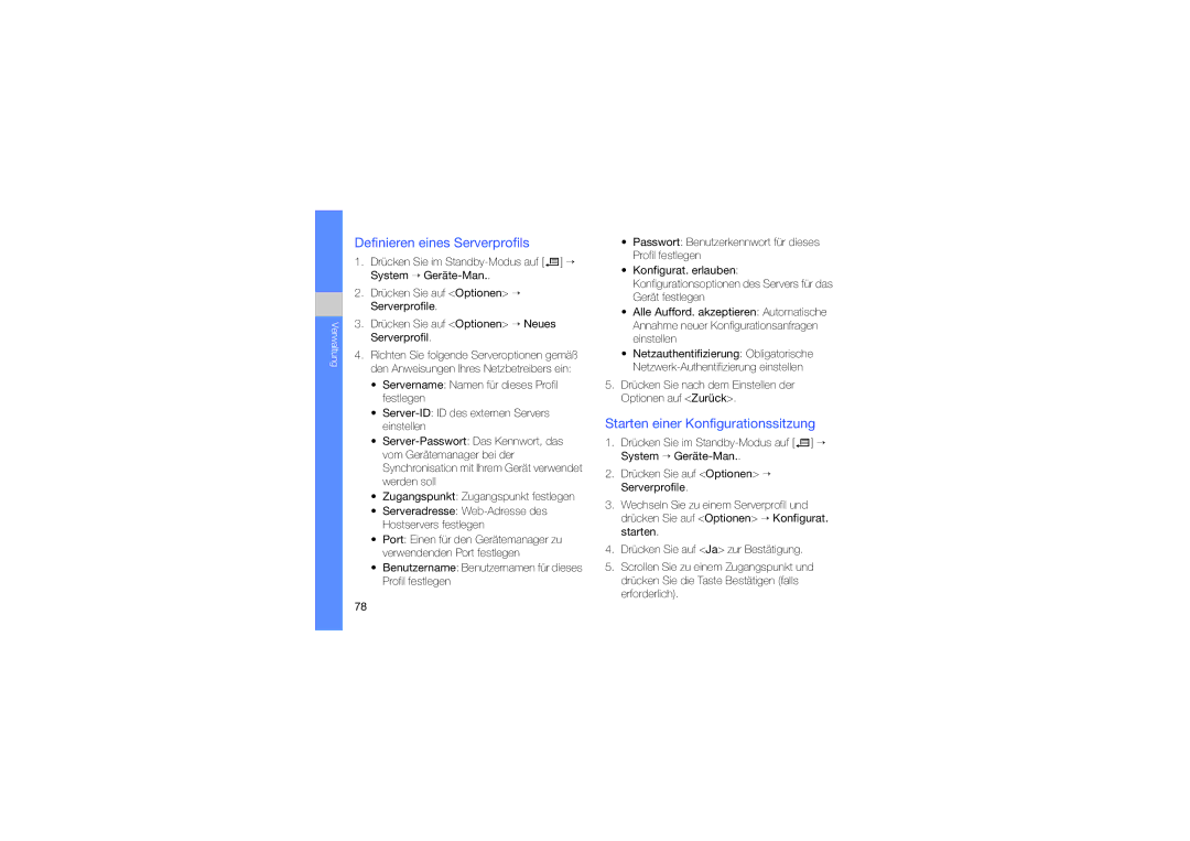 Samsung SGH-L870TSADTM, SGH-L870TSASWC, SGH-L870TSAMOT Definieren eines Serverprofils, Starten einer Konfigurationssitzung 
