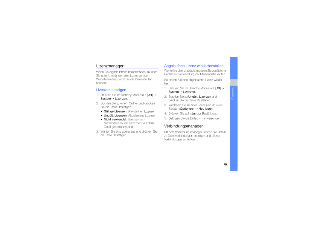 Samsung SGH-L870TSASWC manual Lizenzmanager, Verbindungsmanager, Lizenzen anzeigen, Abgelaufene Lizenz wiederherstellen 