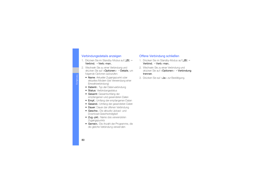 Samsung SGH-L870TSAMOT, SGH-L870TSASWC, SGH-L870TSADBT manual Verbindungsdetails anzeigen, Offene Verbindung schließen 