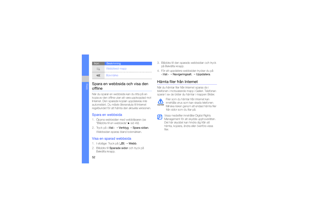 Samsung SGH-L870TSAXEE manual Spara en webbsida och visa den offline, Hämta filer från Internet, Visa en sparad webbsida 