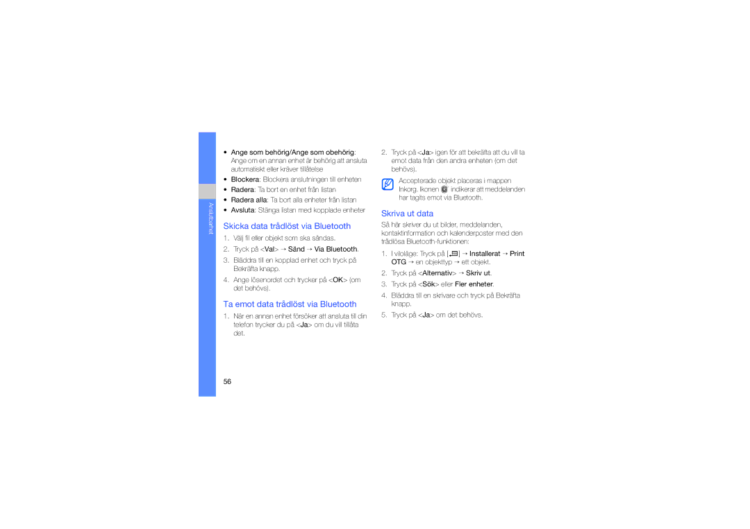 Samsung SGH-L870TSAXEE manual Skicka data trådlöst via Bluetooth, Ta emot data trådlöst via Bluetooth, Skriva ut data 