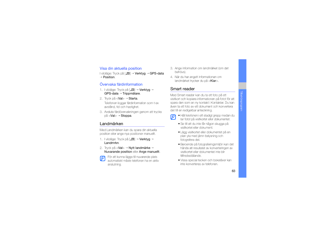 Samsung SGH-L870TSAXEE manual Landmärken, Smart reader, Visa din aktuella position, Övervaka färdinformation 