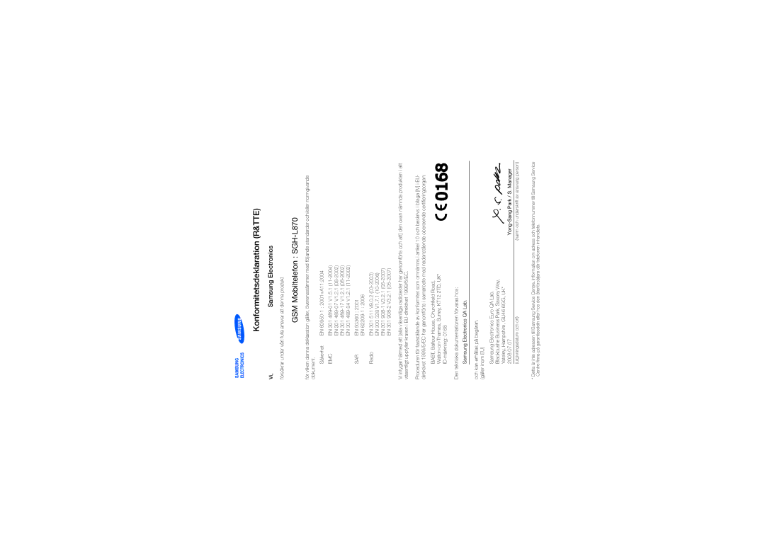 Samsung SGH-L870TSAXEE manual Konformitetsdeklaration R&TTE, GSM Mobiltelefon SGH-L870 