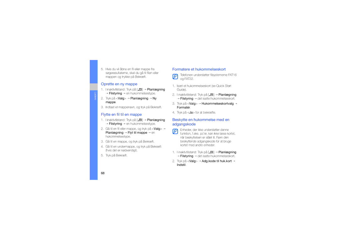 Samsung SGH-L870TSAXEE manual Oprette en ny mappe, Flytte en fil til en mappe, Formatere et hukommelseskort 