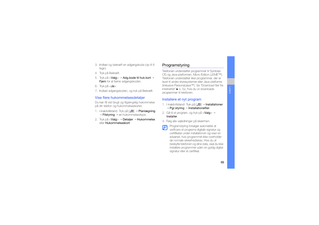 Samsung SGH-L870TSAXEE manual Programstyring, Vise flere hukommelsesdetaljer, Installere et nyt program 