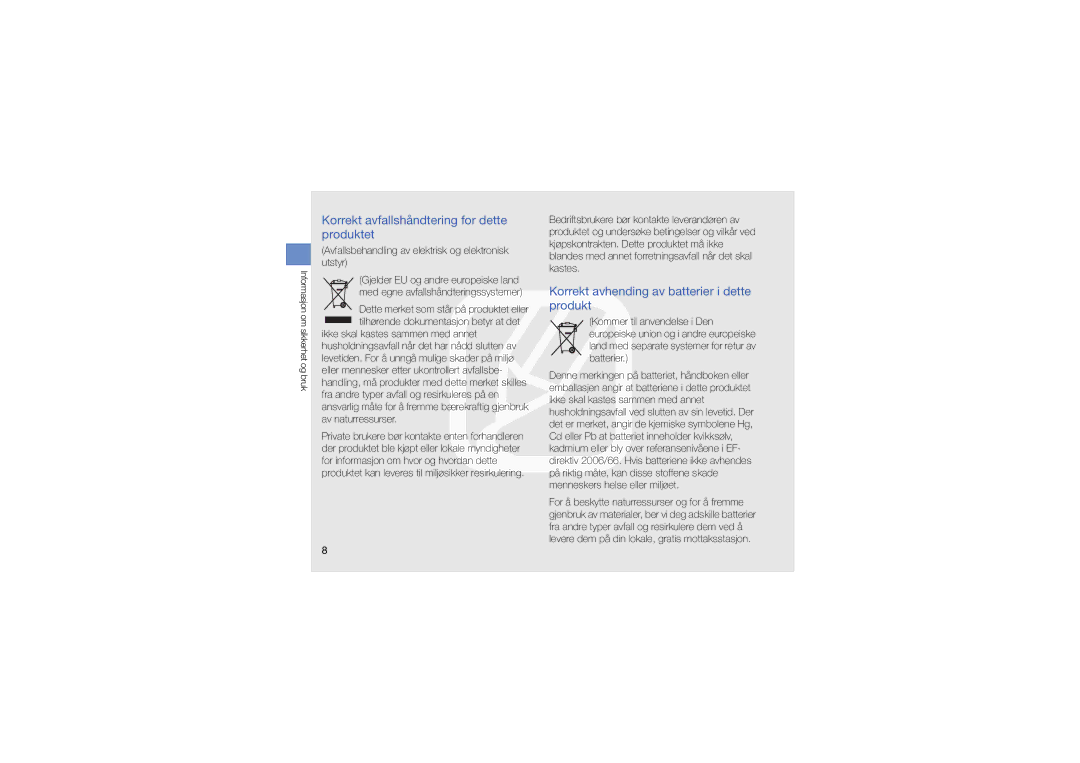 Samsung SGH-L870TSAXEE manual Korrekt avfallshåndtering for dette produktet, Korrekt avhending av batterier i dette produkt 