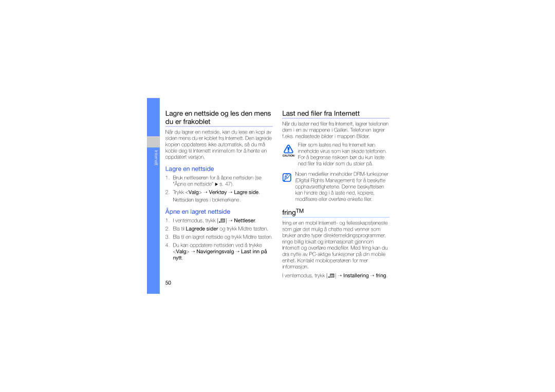 Samsung SGH-L870TSAXEE manual Lagre en nettside og les den mens du er frakoblet, Last ned filer fra Internett, FringTM 