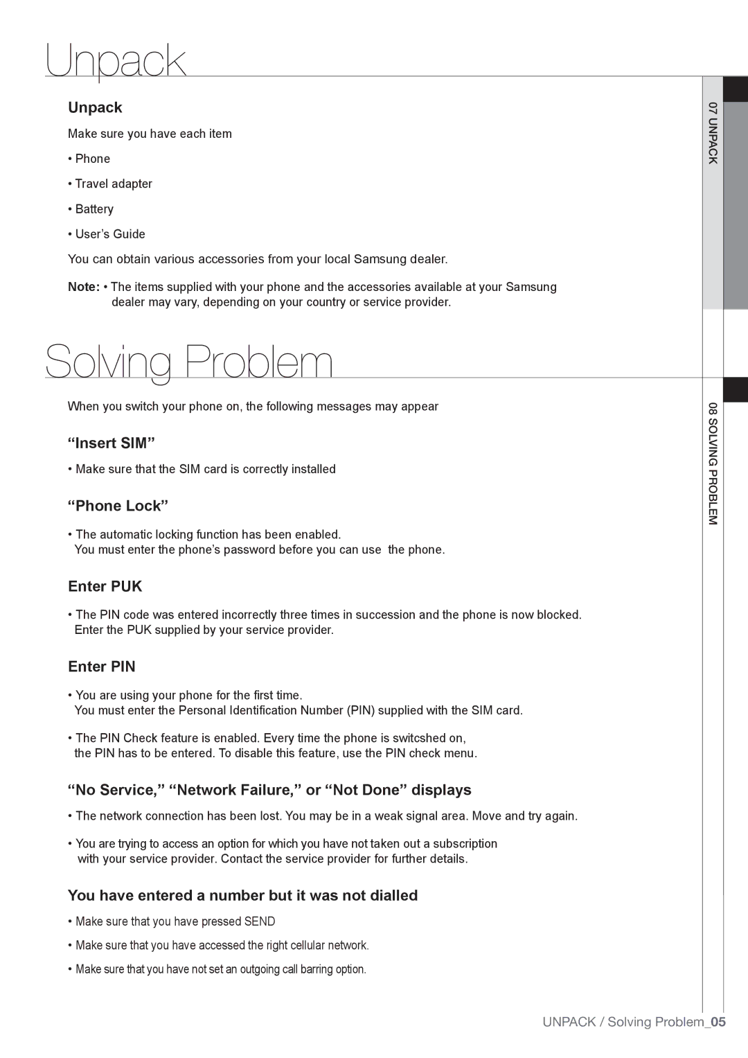 Samsung SGH-M600 quick start Unpack, Solving Problem 