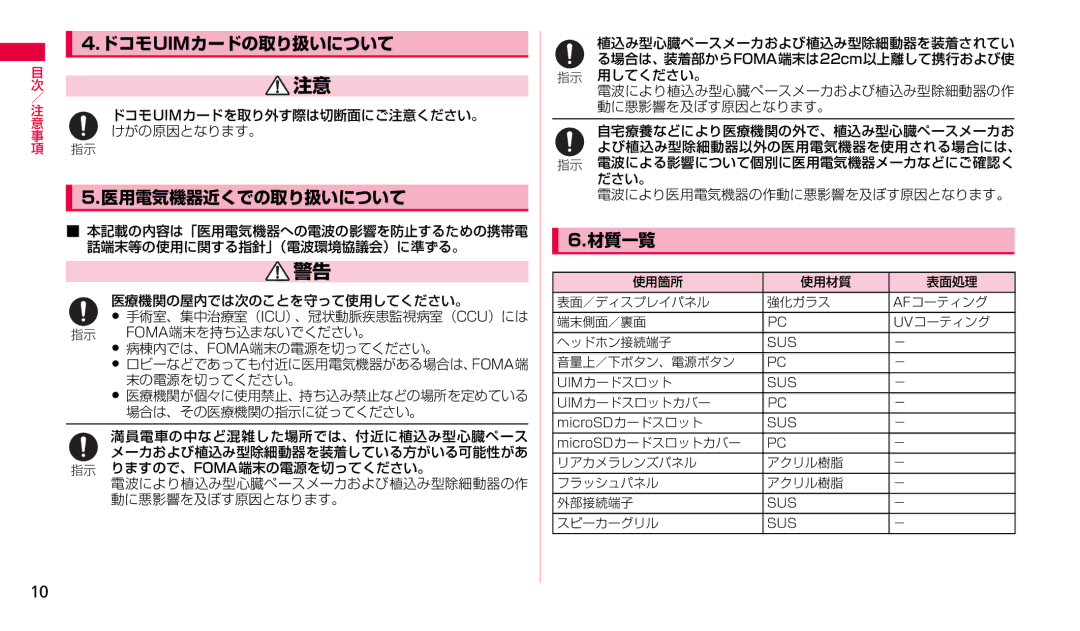 Samsung SGH-N023ZWNDCM, SGH-N023CWNDCM manual 医用電気機器近くでの取り扱いについて, 材質一覧 